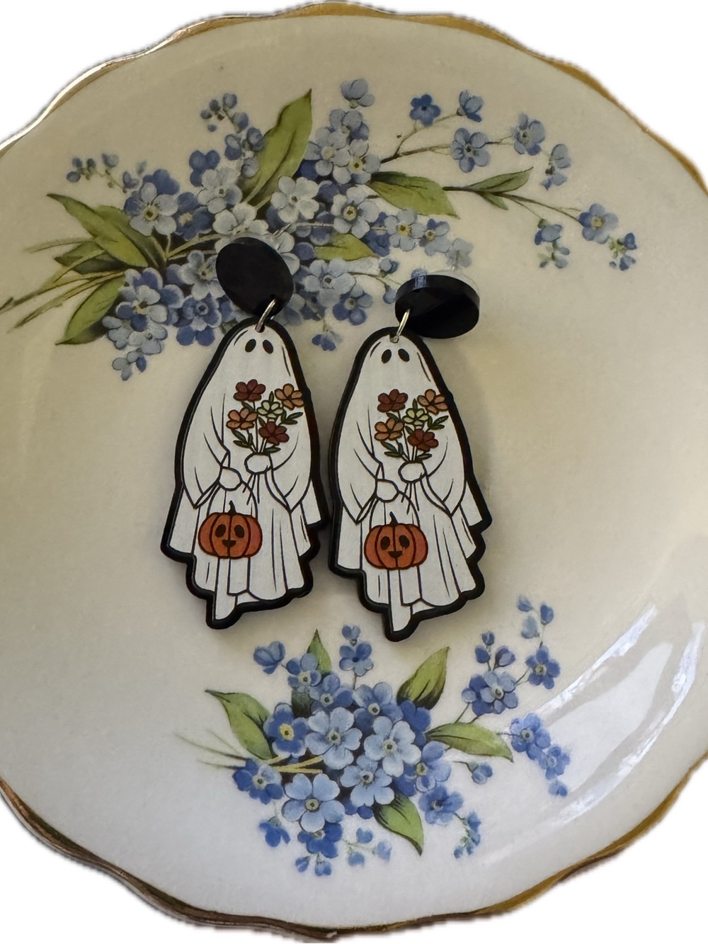 Acrylic Ghost Earrings with Flowers
